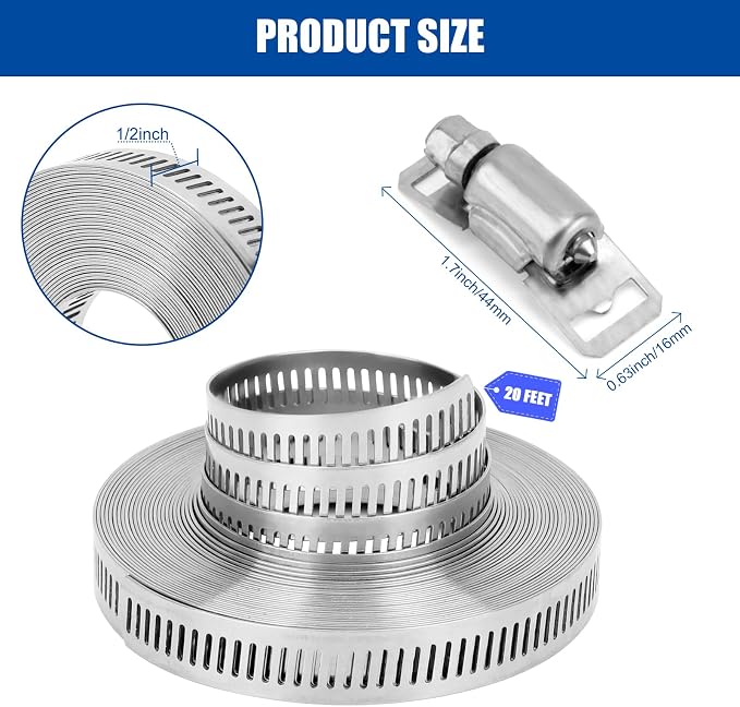 Hose Clamps (40 Fasteners + 20FT Strap) DIY Cut-To-Fit 304 Stainless Steel Band Clamps Adjustable Worm Gear Hose Clamp Kit Silver