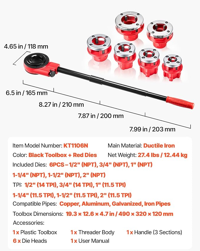 VEVOR Ratchet Pipe Threader Kit with 6 Dies, 1/2" NPT to 2" NPT Manual Ratcheting Pipe Threading Tool, Portable Pipes Threader Set with Toolbox for Plumbing Installation & Repair
