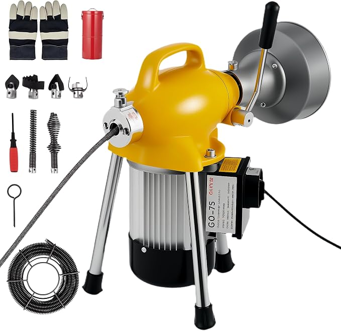 Professional Drain Cleaning Machine, Electric Sewer Snake Auger 500w 400RPM, Heavy-Duty Auto-Feed with 66Ft / 16Ft Cables & 6 Cutters for 3/4" to 4" Pipes for Sink Toilet Drainage