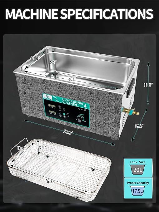 Ultrasonic Cleaner 20L with Adjustable Power & Sweep, 480W Ultrasonic Carburetor Cleaner, Digital Timer and Heater, Heavy-Duty Parts Cleaner for Industrial, Motorcycle, and Hardware Tools | Professional for Cleaning Carburetor, Metal Engine Parts, Gun,...