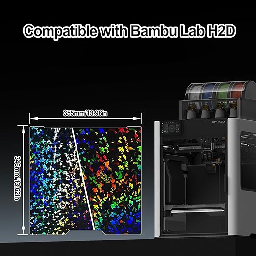355x346mm PEF+PEY Holographic Build Plate for Bambu Lab H2S/H2D, Rainbow Confetti PEF+Galaxy PEY Spring Steel Plate Print Bed Heated Bed for Bambulab H2D 3D Printers