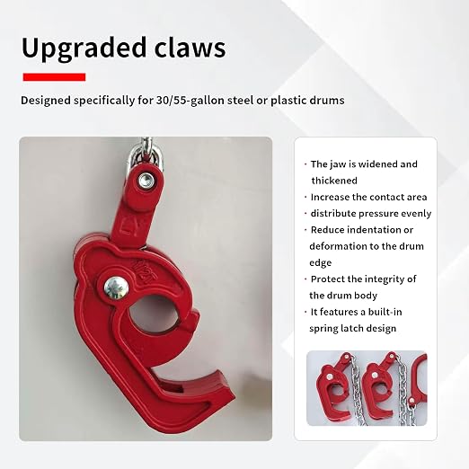Oil Drum Lifting Clamp, 1 Ton Capacity, Heavy Duty Steel, for 55 Gallon Drums, Manual Drum Lifter and Handler, 2000 lbs
