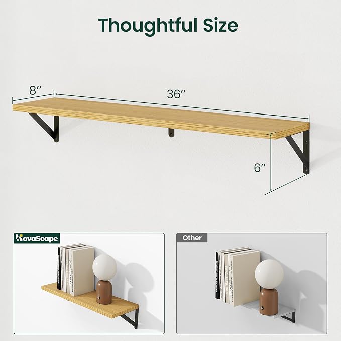 Floating Shelves 8 Inch Deep, 48W x 8D Wall Shelf Set of 2, 70 lbs Heavy Duty Reversible Metal Brackets, Industrial Book Shelf for Living Room Kitchen Bathroom Bedroom Gallery Wall, Oak