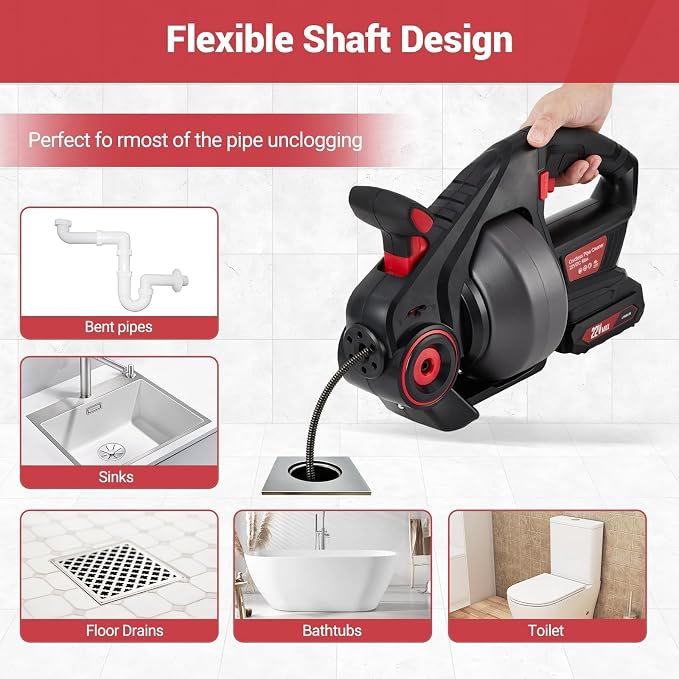 22V Cordless Electric Drain Auger, Automatic Drain Snake Cleaner Machine with 25Ft Flexible Steel Cable, Power Pipe Clog Remover Tool for 3/4" to 2" Pipes, Battery, Charger & Carrying Bag Included