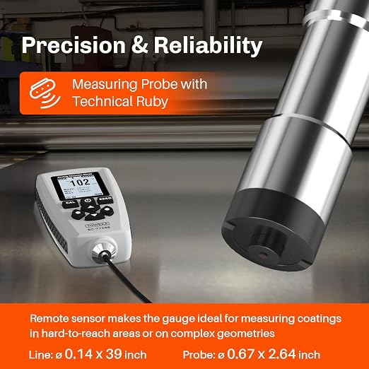 EC-770SE Professional Coating Thickness Gauge with External Probe, Digital Paint Thickness Meter, Auto-Detect Fe/NFe, 0–2000μm Measuring Range,2000 Reading Memory, USB Data Export