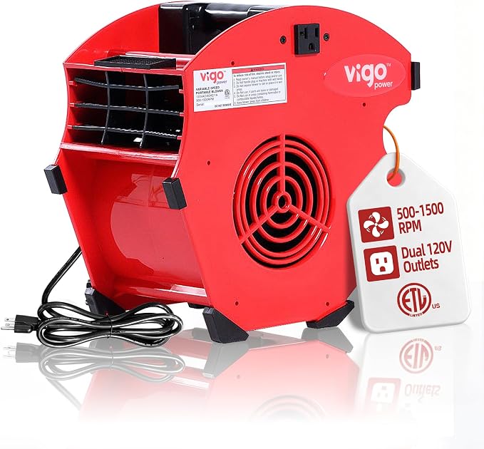 1/5 HP 300 CFM High-Velocity Air Mover Floor Fan, Industrial Blower for Carpet Drying, Water Damage & Car Drying — Dual 120V Outlets, 4-Position Tilt, Variable Speed, Portable 12in ETL
