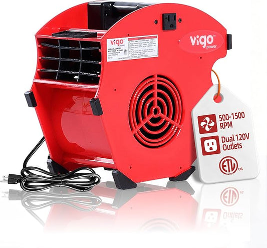 1/5 HP 300 CFM High-Velocity Air Mover Floor Fan, Industrial Blower for Carpet Drying, Water Damage & Car Drying — Dual 120V Outlets, 4-Position Tilt, Variable Speed, Portable 12in ETL