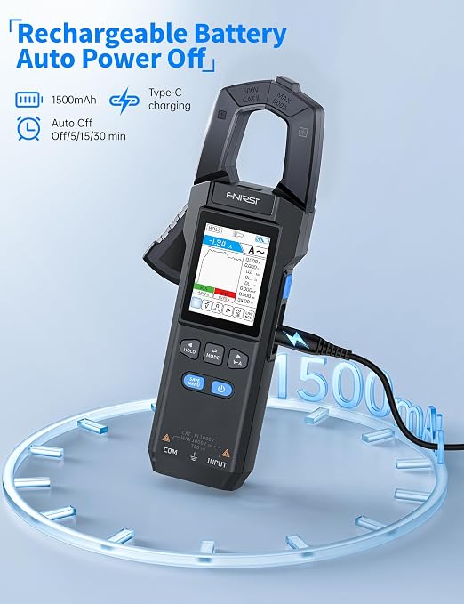 FNIRSI DMC-100 Clamp Meter 10000 Counts TRMS, 600A AC/DC Amp Meter with Curve Recording & 2" TFT Screen, Rechargeable Multimeter Measuring Voltage Current Resistance Capacitance NCV for HVAC Auto