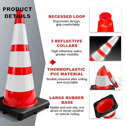 YATOINTO Traffic Cones 28 Inch with Weighted Base,Spring Back After Flattening,3 Reflective Collars,PVC Large Orange Construction Cones,Driving Training,Parking Lots,Highway,Roadwork,8 Pack