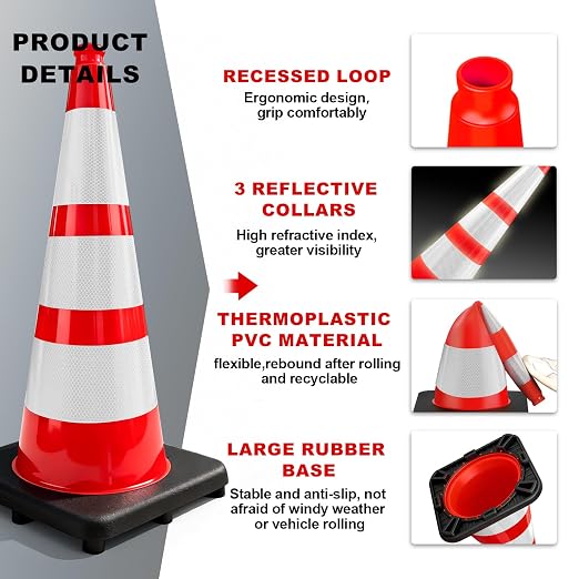 YATOINTO Traffic Cones 28 Inch with Weighted Base,Spring Back After Flattening,3 Reflective Collars,PVC Large Orange Construction Cones,Driving Training,Parking Lots,Highway,Roadwork,4 Pack