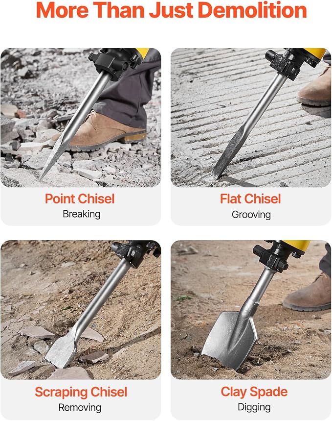VEVOR Demolition Jack Hammer, 2200W 1350 BPM Jack Hammer Concrete Breaker, Heavy Duty Electric Jack Hammer 4pcs Chisels Bit with Gloves, 360° Swiveling Front Handle for Trenching and Breaking Holes