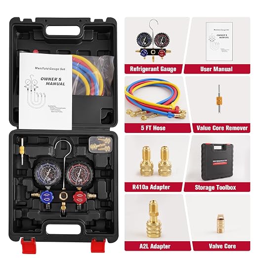 3-Way R454B AC Gauge Set, HVAC A2L Manifold Gauges for R454B/R32/R410A/R22 Refrigerant with A2L/R410a Adapters, 5FT Hoses