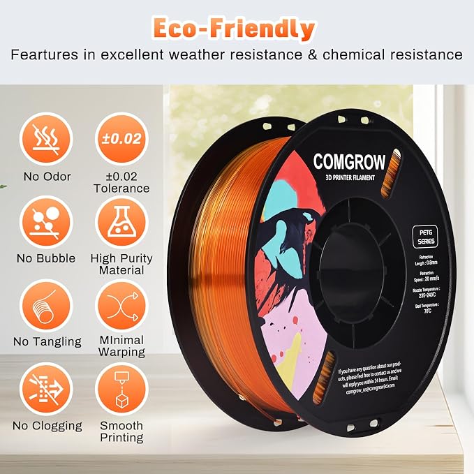 Comgrow PETG 3D Printer Filament 1.75mm, High Precision and Tough 3D Printer Filament 1kg (2.2LBS), Dimensional Accuracy +/- 0.02 mm, Fit Most 3D Printers Gradient Orange White