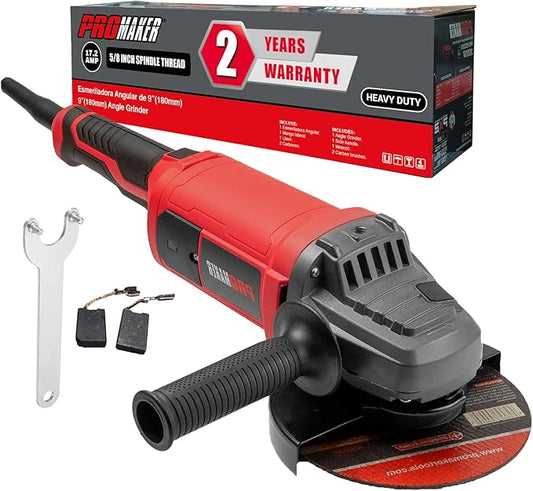 PROMAKER Industrial 9" Heavy Duty Angle Grinder - 17.2 High Power Motor, 6300 RPM Metal & Concrete Cutter - Rotating Multi-Position Handle, Includes 2 Spare Carbon Brushes - 2-Year Protection