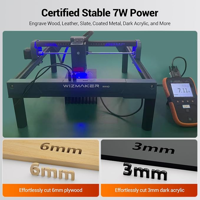 WIZMAKER Wand Laser Engraver and Cutter Machine, 7W(7000mW) for Wood, Leather, Paper, MDF, Felt, Compact Laser Cutter Portable DIY & Small Business Projects Desktop Laser Engraver