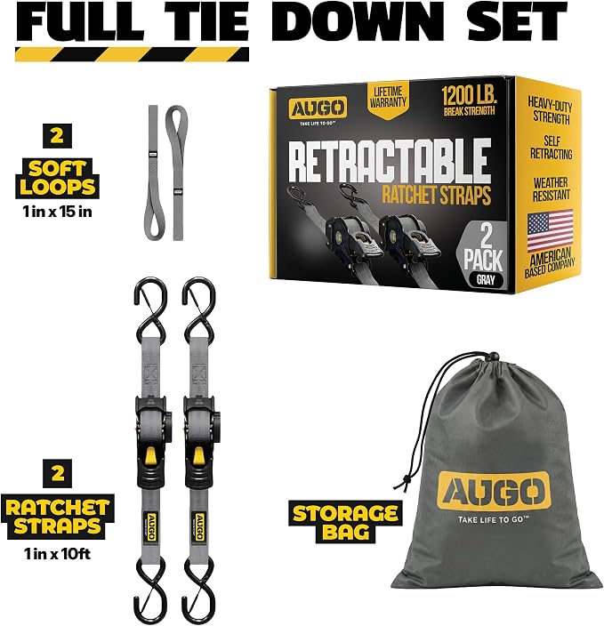 AUGO Retractable Ratchet Straps | 2 Heavy Duty Ratchet Straps Self Retractable Tie Downs with Soft Loops & Storage Bag for Motorcycle, Truck, Trailer, Cargo Van | 1200 Lb Break Strength 1” x 10’