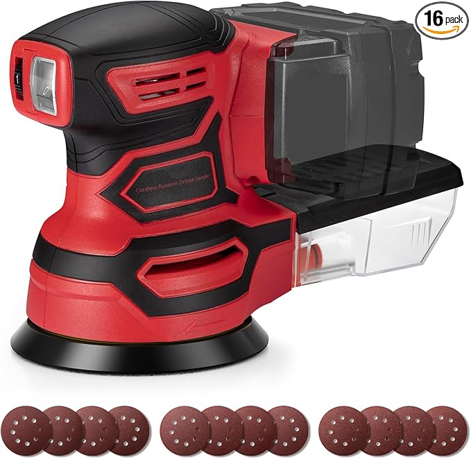 Cordless Random Orbital Sander for Milwaukee 18V Battery, Brushless 6-Speed (6000-12000 OPM), 125mm Pad, Dust Collection & 12pcs Sandpapers (#80/#120/#240) (Battery Not Included) (Red)