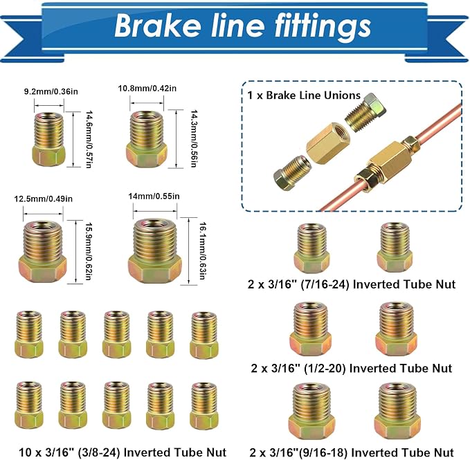 3/16inch x 25 ft Brake Line Tubing Kit Flexible Copper Coated Alloy Brake Line Tubing Coil with 18 Inverted Flare Fittings and 1 Unions SAE Standard