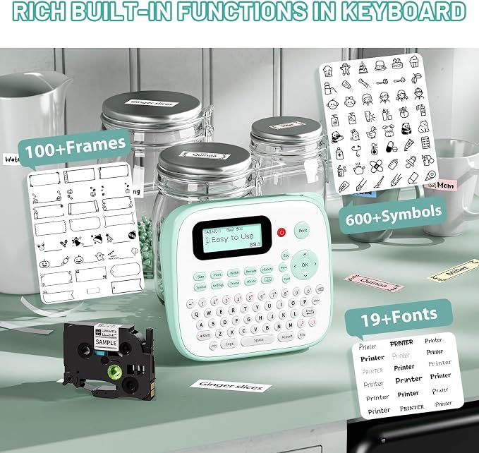 Label Maker Waterproof-Labels, Desktop Label Maker for Kids, D210S Handheld Labeler Machine with Tape-12mm 0.47 Laminated White, Multiple Symbols for Home Office School Kids Teachers Gifts