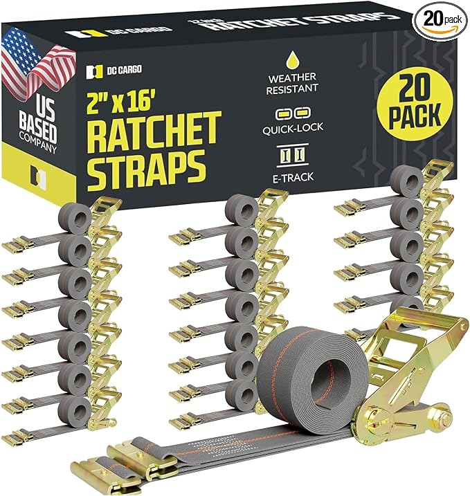 E Track Ratchet Straps Cargo Tie-Downs, (Pack of 20) 2 x 16 Heavy Duty Grey Tie-Down Rachet Straps, Strong Ratchet Strap, E Track Spring Fittings, Tie Down Motorcycle