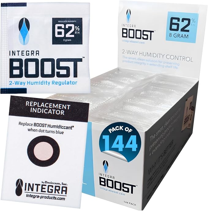 Integra Boost 62% RH, 2 Way Humidity Control Packs – 8g Size for Storing 1 oz – Pack of 144 Moisture Absorbers for Small Jars & Containers – Humidifier Packets for Herbs, Spices in Retail Display Box