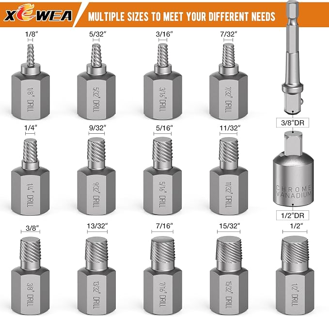 XEWEA Upgrade 15 Piece Screw Extractor Set, 3/8" Inch Multiple Spline Easy Out Stripped Screw Bolt Remover Kit Tool,CR-MO Material for Removing Broken Rusted Screws, Bolts, Studs