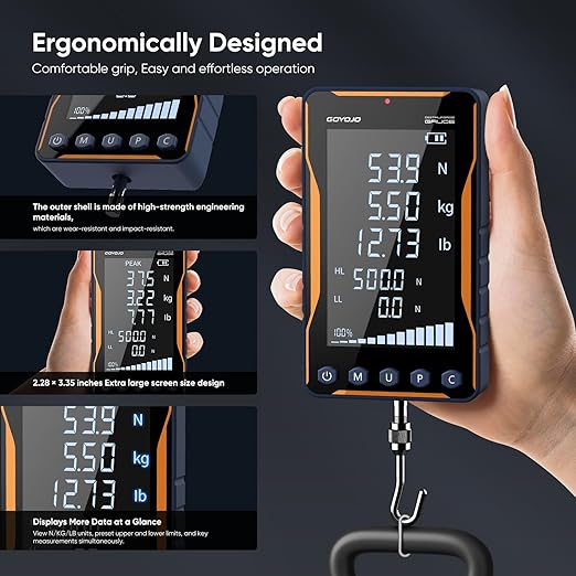 GOYOJO Digital Force Gauge 500N&110LB with Extra-Large Screen and Bold Font, High Precision Multi-Unit Display for Push-Pull Testing, Trigger Pull Measurement, and Industrial Quality Control