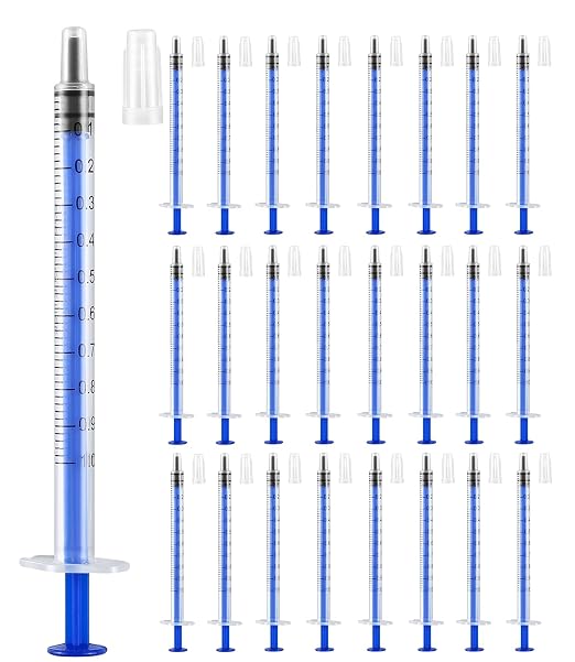 24 Pack of 1ml Plastic Syringes with Caps - Sterile, Individually Sealed for Precise Liquid Refilling, Measuring, and Feeding Pets, Oil, Glue