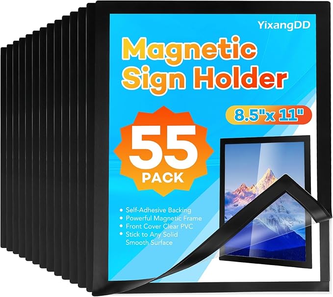 YixangDD 55 Pack Magnetic Sign Holder 8.5 x 11, Self-Adhesive Magnetic Wall Mount Sign Holder, Magnetic Document Holder for Wall Window Office Poster Store
