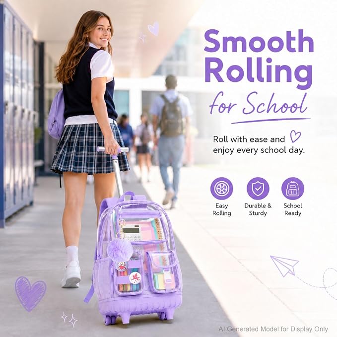 CCJPX 3Pcs Clear Rolling Backpack for Girls Women, Heavy Duty PVC Transparent Wheeled Bookbag, See Through School Bags with Wheels for Teens Elementary Travel - Purple