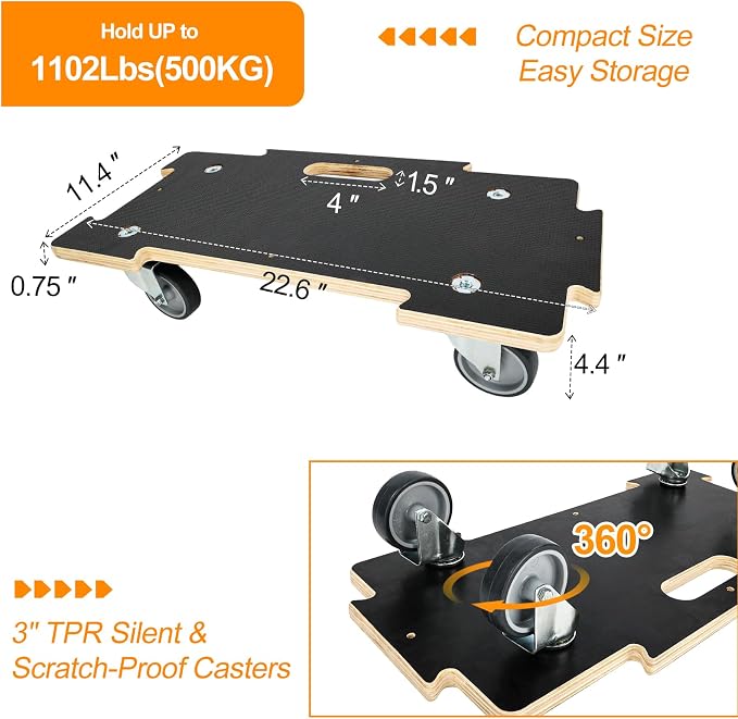 551LB Spliceable Heavy Duty Moving Dolly, No-Assembly Utility Cart | 3" Silent TPR Wheels, 11-Layer Plywood Base, 4-Wheel Hand Truck for Luggage, Furniture, Warehouse