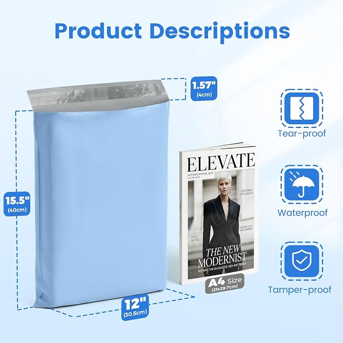 Metronic Poly Mailers 12x15.5 50PC Shipping Bags for Clothing Medium Size, Self-Seal Waterproof Poly Bags Shipping Envelopes, Durable Plastic Package Mailing Bags for Small Business, Light Blue