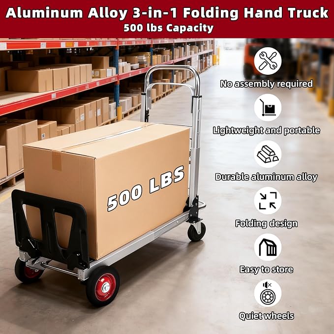 Aluminum 3-in-1 Folding Hand Truck, 500Lbs Heavy Duty Dolly Cart with 2 Large 6-Inch Quiet Rubber Wheels, 2 360° Swivel Wheels, 2 Bungee Cords, Portable Dolly for Home, Office, Warehouse, Packages