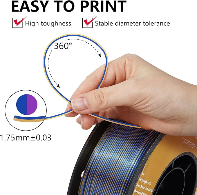 Kingroon PLA Filament, Multicolor Silk PLA Filament, Tri Color 3D Printer Filament, 1.75 mm, Dimensional Accuracy +/- 0.03 mm, 1kg Spool(2.2lbs), Blue Gold