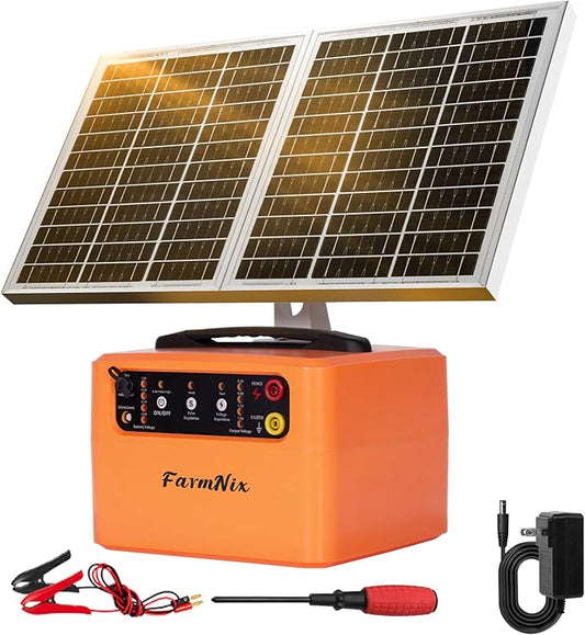 6-12KV Adjustable Output Solar Fence Charger,30 Miles Electric Fence Charger for Livestock,1.5J Solar Charger,15W Solar Electric Fence,24H Protection Solar Powered Electric Fence Kit