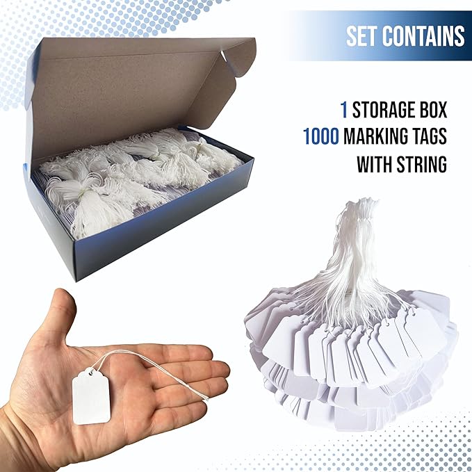 EasyTwelve - Price Tags with String Attached – 1000 White Hang Tags, 1.75 x 1.093 in, String Tags for Clothing, Jewelry, Retail, Garage Sale