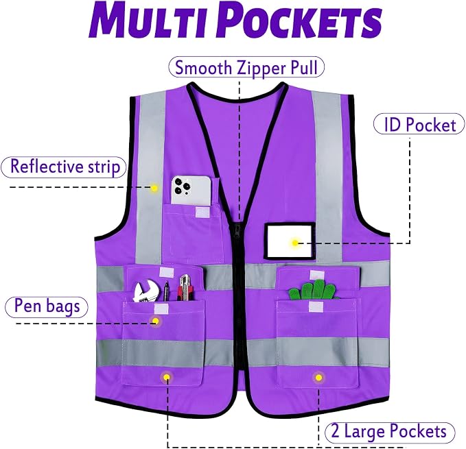 EBOOT 20 Pcs Vests High Visibility Reflective Vest Safety Neon Bright Work Construction Vest with Pockets Reflective Strips (Purple)