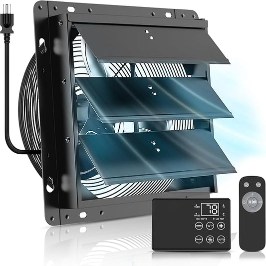 10 Inch Upgraded Shutter Exhaust Fan with Thermostat & Remote Control, Automatic On/Off by Temperature, 890 CFM Wall Mounted Garage Fan for Attic, Greenhouses, Sheds, Chicken Coops & Shops