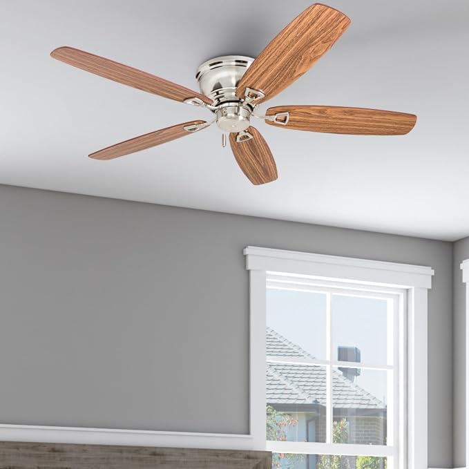 Honeywell Glen Alden 52 Inch Indoor LED Ceiling Fan with No Light, Pull Chain Control, 5 Dual-Finish Blades, Quiet Reversible Motor, Brushed Nickel