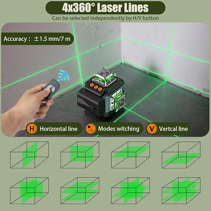 16 Lines Laser 360 Level Self Leveling, 130Ft 4x360° Green Cross Line laser Level for Construction and Picture Hanging, Lazer Leveler Tool with 2 2400 mAh Batteries,Magnetic Bracket & Remote Control
