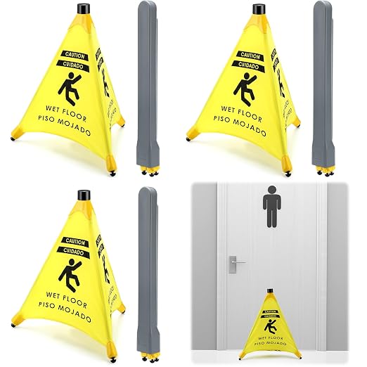 Ceenna 4 Pcs 19.5 Inch Wet Floor Sign Pop-up Safety Cone with Storage Tube Wet Floor Symbol Yellow Warning Sign for Retail, Grocery, Office, Cinema, Restaurant, Mall