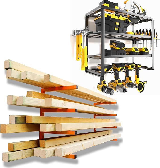 YYR 4 Layer Power Tool Organizer 16 Inch 4 Slots & Heavy Duty 4-Level Lumber Storage Rack Wall Mount