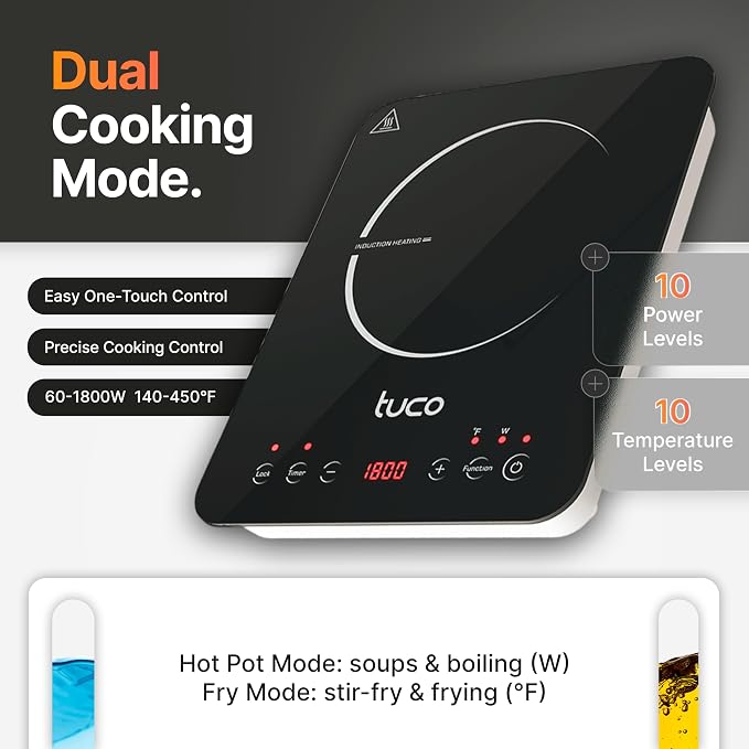 TUCO Portable Induction Cooktop Pro, Countertop Burner Hot Plate, 24-Hour Timer, 1800W, Shatter-Proof Ceramic Glass, LCD Touch, Child & Overheat Protection, ETL Certified, 20 Cooking Modes