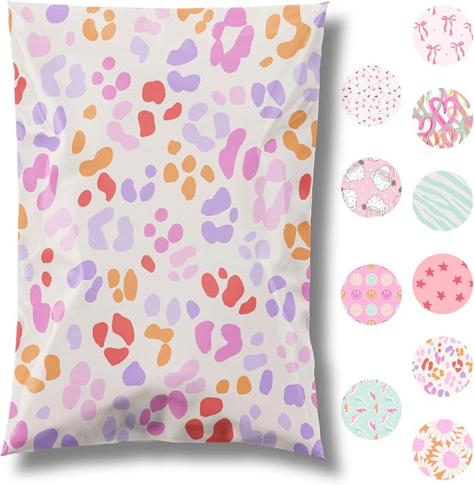 Pretty Package Store Designer Poly Mailers, 10x13, Preppy Leopard, 100 Pack | Heavy Duty, Waterproof, Self Seal, Tear Resistant, Shipping Bags for Small Business Packaging, Bulk Mailing Envelopes