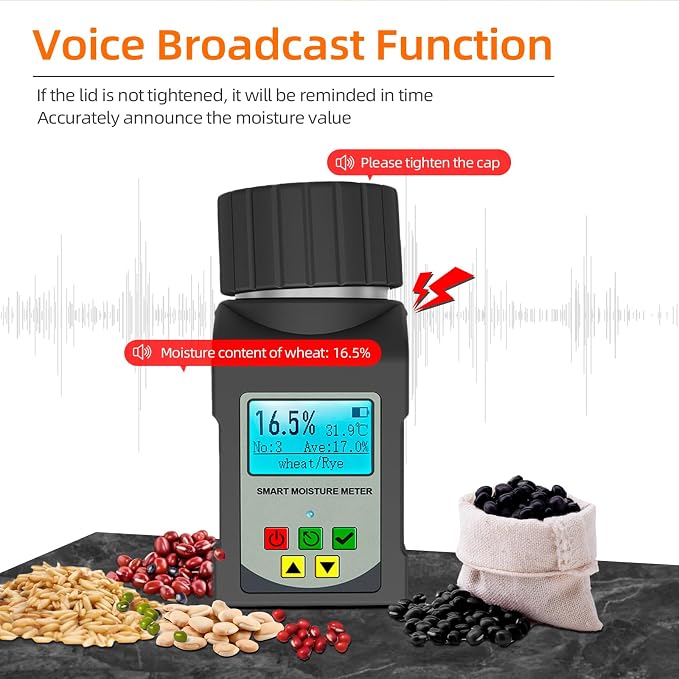 Grain Moisture Meter Tester, Digital Portable Grain Moisture Analyzer for 25 Grains, with Backlit LCD Display, Voice Broadcast, Data Logging, Temperature Test for Coffee Wheat Corn Rice Farm Crops