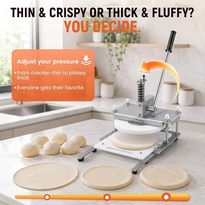 Newhai Manual Pizza Dough Press Machine 9.8" Stainless Steel Dough Sheeter Pastry Pizza Bread Press Forming Processor with Parchment Papers for Bakery Home Restaurant Use