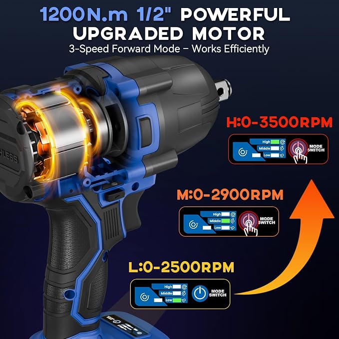 Protmex 900Ft-lbs (1200N.m) Impact Wrench, 1/2" Cordless Impact Gun, 21V High Torque Brushless Impact Driver, 2x4.0Ah Batteries Electric Impact Motor Variable Speeds for Car/Pickup Truck/Mower, Blue