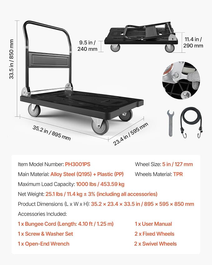 VEVOR Platform Truck Push Cart Dolly, 1000LBS Heavy Duty Folding Platform Truck with 360° Swivel Wheels, Flat Bed Cart with Space Saving Push Handle for Garage/Basement/Office/Warehouse