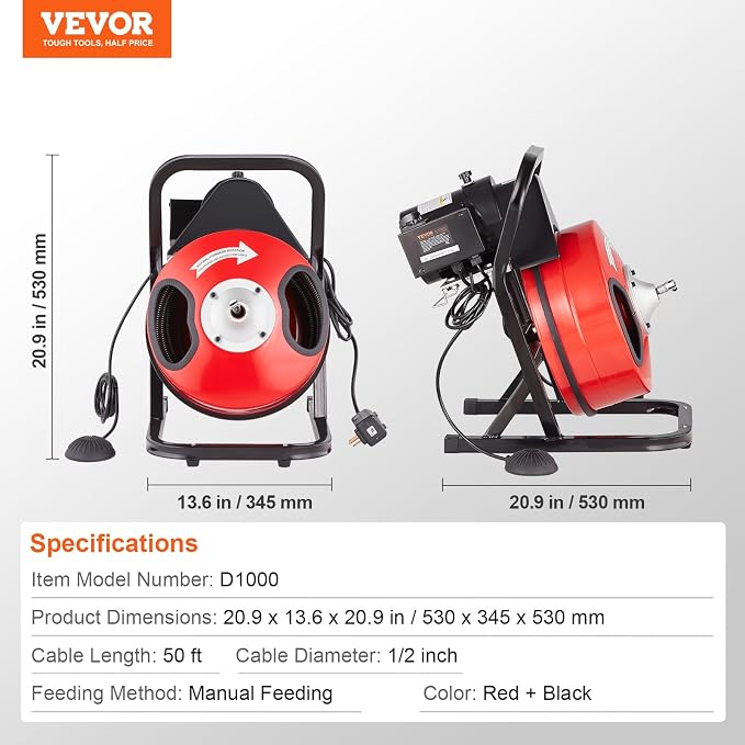 VEVOR Drain Cleaner Machine 50FT x 1/2 Inch, Manual Feed Sewer Snake Auger - with 4 Cutters & Air-activated Foot Switch for 2" to 4" Pipes
