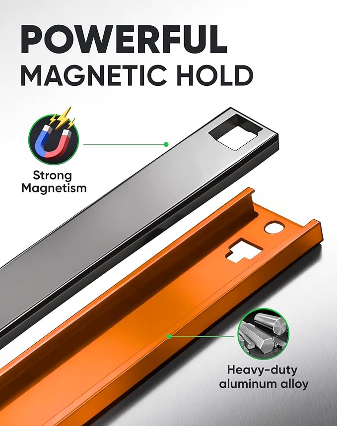ALOANES Magnetic Socket Organizer Set, 3-Piece Heavy Duty Aluminum Socket Rails, 360° Swivel Clips Socket Rail Kit for Tool Tray Drawer Fit 1/2, 3/8, 1/4-Inch x 40 Clips (Orange, 3PC)